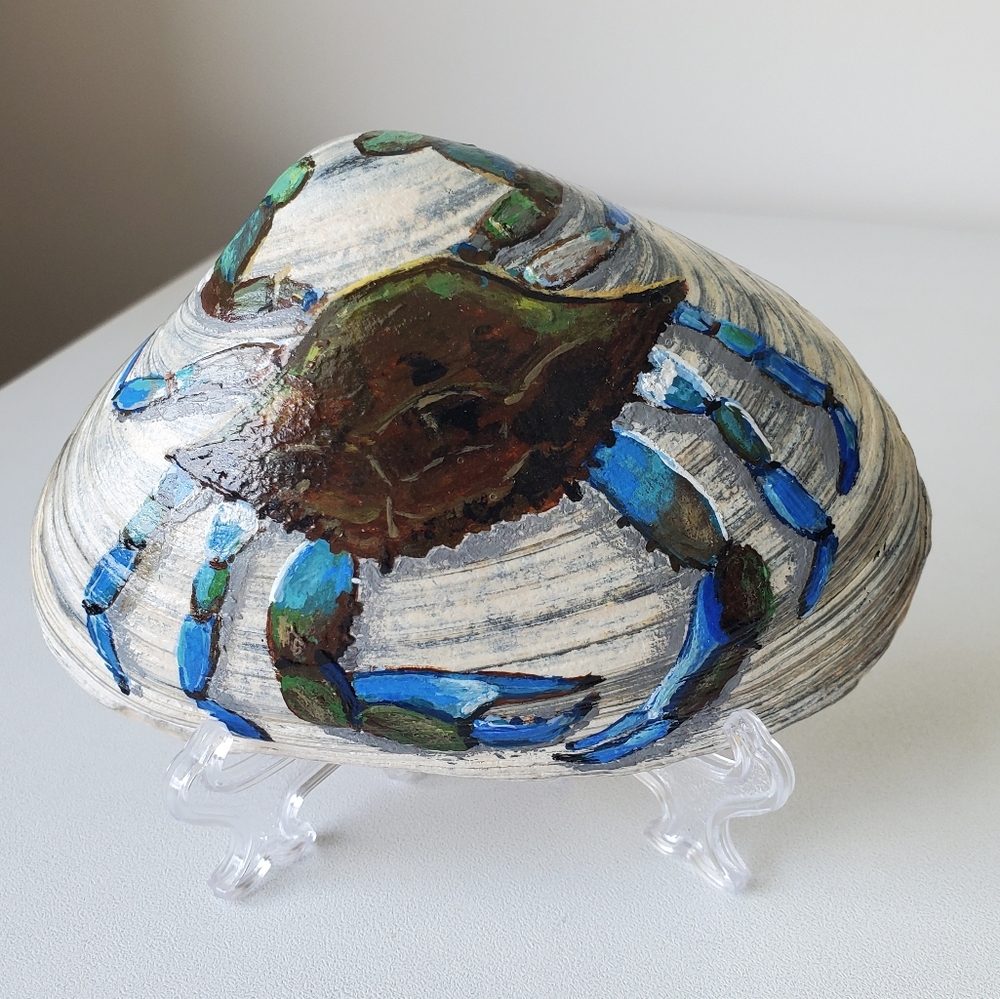 Original Realistic Blue Crab Hand-Painted Coastal Nautical 4.25" Seashell